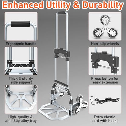 Stair Climbing Cart, 220 LBS Aluminum Stair Climber Dolly, Heavy Duty Folding Hand Truck Dolly with 6 Wheels, Telescoping Handle and Elastic Rope for Home, Moving, Groceries, Warehouse - color: Blcak, size: 180 lbs