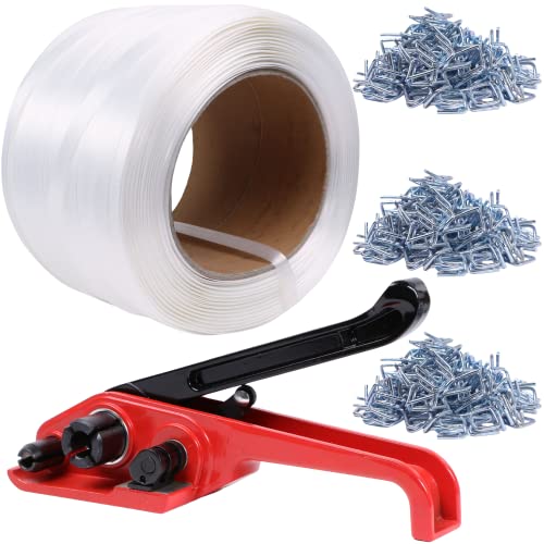 U.S. Solid Banding Strapping Kit Pallet Packaging Tool, 3/4" x 1640' Woven Cord, Polypropylene Composite Banding Coil, 300pcs Metal Buckles, Heavy Duty Tensioner Kit, 2000 lbs Break-Resistant Strength - color: RED