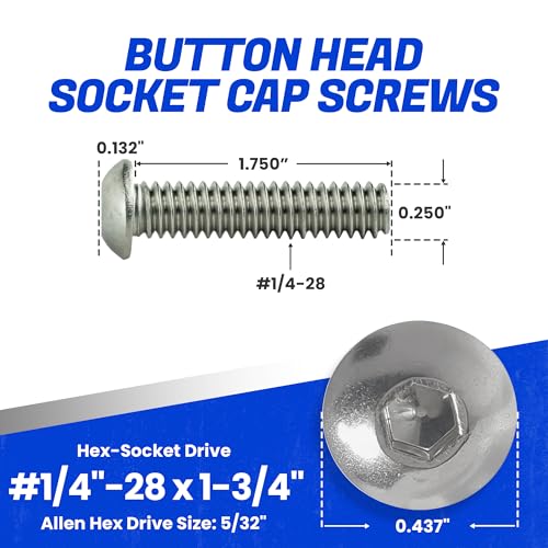 Fastenere Button Head Socket Cap Screws - 1/4-28 x 1-3/4" (25 Pack) Stainless Steel 18-8, Full Thread, Bright Plain Finish, Corrosion-Resistant, Machine Thread, Easy to Install w/Allen Socket Drive - size: 1/4-28 x 1-3/4" (25 Pack)