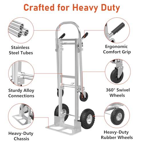 800 LBS Dolly Cart with Wheels, 2 in 1 Folding Hand Truck, Stainless Steel Heavy Duty Industrial Convertible Hand Cart, Utility Collapsible Hand Truck Dolly for Warehouse, Home, Office, Etc - color: Silver-1