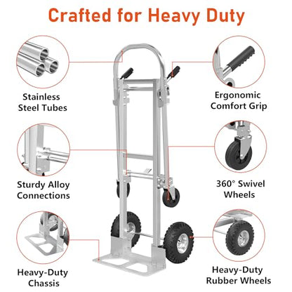 800 LBS Dolly Cart with Wheels, 2 in 1 Folding Hand Truck, Stainless Steel Heavy Duty Industrial Convertible Hand Cart, Utility Collapsible Hand Truck Dolly for Warehouse, Home, Office, Etc - color: Silver-1