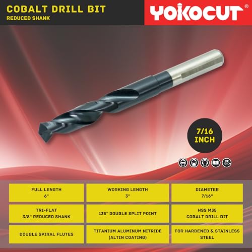 7/16 Inch Cobalt Drill Bit | Reduced Shank High Speed Steel | Drill Bit for Stainless Steel and Hardened Metal | HSS M35 Titanium Aluminum Nitride Coating with 1/2" Shank - size: 7/16 Inch