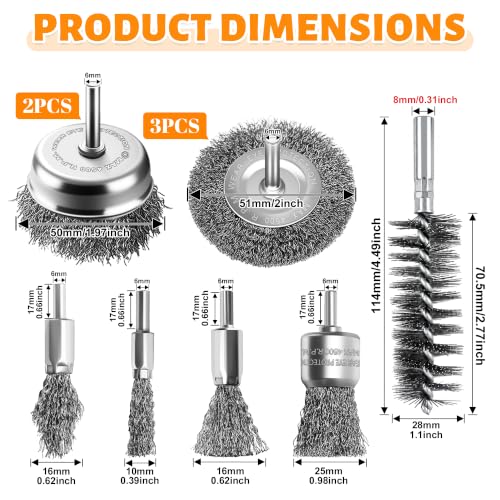 10 PCS Wire Brushes for Drill Set, Wire Wheel, Cup, Pen & Spiral Brushes with 1/4" Shank, Wire Brush for Rust Removal, Paint Removal, Polishing and Cleaning