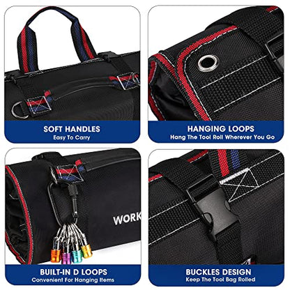 WORKPRO Roll Up Tool Bag, Tool Roll Organizer with 4 Pockets & 2 Pouches - color: Black