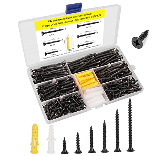 #6 Wood & Drywall Screw Kit 300 Pcs, Phillips Self Tapping Flat Head, Black - color: Black, size: #6-300pcs