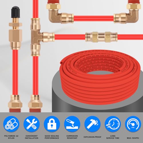 CheeMuii 50FT 3/8" DOT Air Line 3/8 Air Hose PA12 Nylon Pneumatic Tubing - color: Red, size: 3/8"OD-50FT