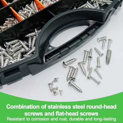 1220Pcs 304 Stainless Steel Self Tapping Screws Assortment Set, M3/M4/M5 Flat Head & Round Head Self Tapping Screws Assortment Set, Phillips Drive Wood Screw Assortment Kit - size: M3/4/5-1220Pcs