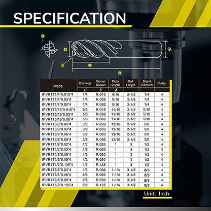 SPEED TIGER Carbide Corner Radius End Mill - 4 Flute - IPVR1T1/2 0.125" 4 (1 Piece, R0.125, 1/2") - Unequal Flute Spacing & Helix Design - for Titanium - Mill Bits Sets for DIYers & Professionals - size: 1/2 in, style: R0.125