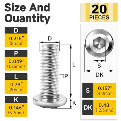 Mywish M8 x 20mm 20Pcs Flat Head Hex Socket Cap Screws Bolts, 304 Stainless Steel Furniture Bolts Full Thread, Bright Finish & Hex Spanner - color: Silver-M8, size: 20mm