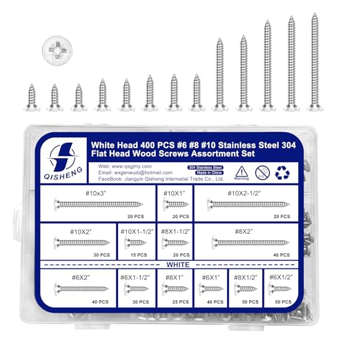 QISHENG 400 PCS White Head #6#8#10 Stainless Steel Phillips Flat Head Wood Screws Assortment Set,Stainless Steel 18-8 A2(304) Screw,Home Screw Kit - color: Set White, size: #6#8#10 Set