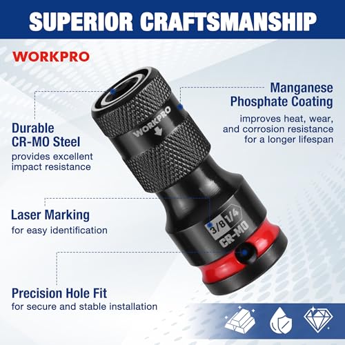 WORKPRO 3/8" Square Drive to 1/4" Hex Quick Release Socket Adapter, CR-MO - size: 3/8 inch