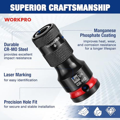 WORKPRO 3/8" Square Drive to 1/4" Hex Quick Release Socket Adapter, CR-MO - size: 3/8 inch