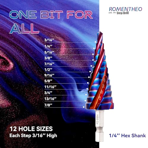 Four Spiral Flute Cobalt Step Drill Bit(Pro),M35 High Speed Steel,1/4" Hex Shank Step Bits for Metal, Stainless Steel, Aluminum, Plastic,3/16" - 7/8"(12 Step Size) - size: 3/16" - 7/8"