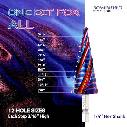 Four Spiral Flute Cobalt Step Drill Bit(Pro),M35 High Speed Steel,1/4" Hex Shank Step Bits for Metal, Stainless Steel, Aluminum, Plastic,3/16" - 7/8"(12 Step Size) - size: 3/16" - 7/8"