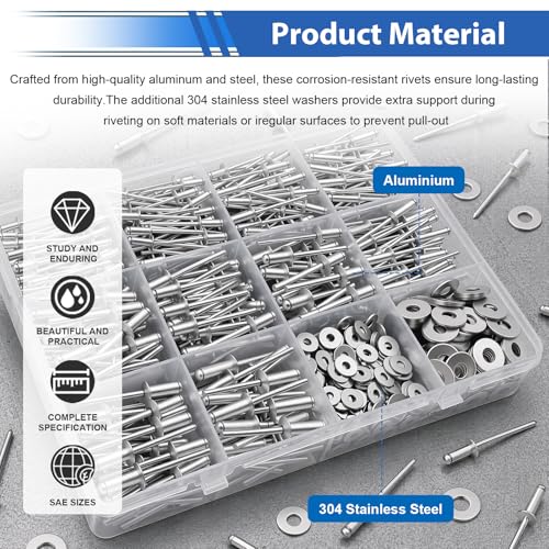 smseace 780Pcs Aluminum Pop Rivets Kit with 304 Stainless Steel Washers, 10-Size SAE Blind Rivet 1/8 3/16 Inch,Metal Blind Rivets for Furniture Automotive Instruments Repair - color: Silver Aluminum, size: 780Pcs