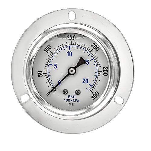 PIC Gauge PRO-204L-254H Glycerin Filled Industrial Front Flanged Panel Mount Pressure Gauge with Stainless Steel Case, Brass Internals, Plastic Lens, 2-1/2" Dial Size, 1/4" Male NPT, 0/300 psi - style: 0 - 300 PSI