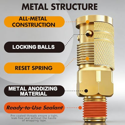 54PCS 1/4 Inch NPT Industrial Air Hose Fittings,Copper-Plated Pneumatic Quick Connect Coupler Kit with 360° Swivel,Adapters,Thread Tape & Tube Cutter | for Air Compressor & Automotive Repair