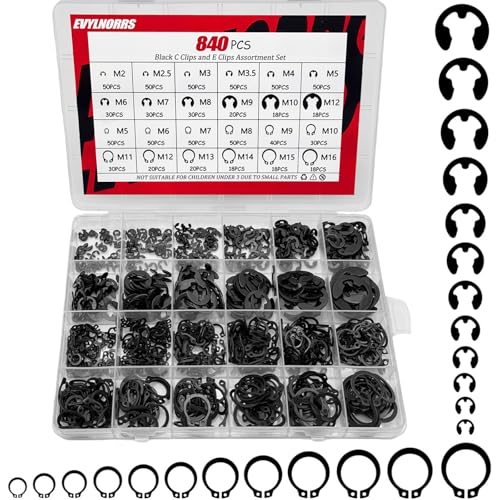 840Pcs C Clips Assortment (M5-M16) and E Clips Assortment Set (M2-M12), External Retaining Rings,Bearing Retaining Ring,Carbon Steel Circlip Retaining Clip,Black