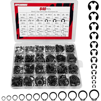 840Pcs C Clips Assortment (M5-M16) and E Clips Assortment Set (M2-M12), External Retaining Rings,Bearing Retaining Ring,Carbon Steel Circlip Retaining Clip,Black