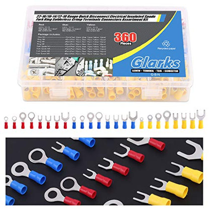 Glarks 360pcs 22-16/16-14/12-10 Gauge Quick Disconnect Electrical Insulated Spade Fork Ring Solderless Crimp Terminals Connectors Assortment Kit