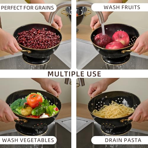 Metal Colander 2 Pack, 3.5 Quart Powder Coated Self-draining Solid Ring Base Metal Large Kitchen Pasta Vegetable Fruit Strainer with Handle (L-BLACK) - color: L-BLACK