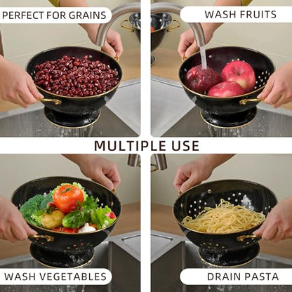 Metal Colander 2 Pack, 3.5 Quart Powder Coated Self-draining Solid Ring Base Metal Large Kitchen Pasta Vegetable Fruit Strainer with Handle (L-BLACK) - color: L-BLACK