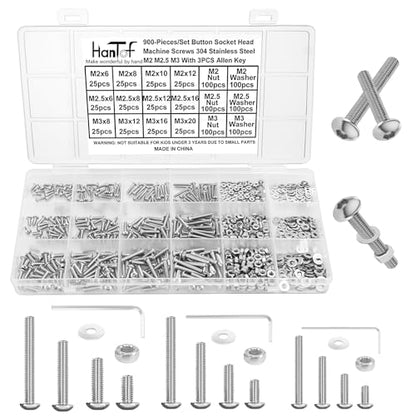 900PCS Button Head Hex Socket Cap Screws Assortment Kit, Small M2 M2.5 M3 Bolts and Nuts Washers Set, Allen Head Machine Screws, 304 Stainless Steel, Fully Threaded, Come with Hex Wrench.