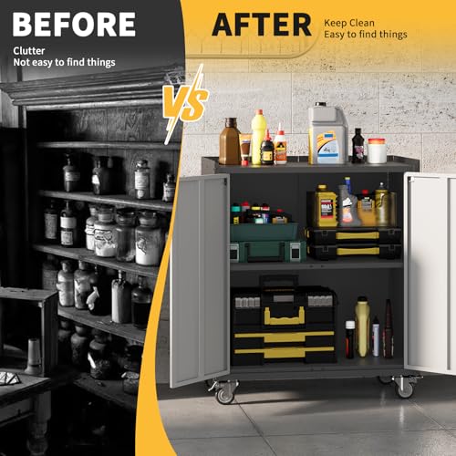 36" Garage Storage Cabinet with Wheels ＆ Locking Doors, Rolling Tool Cabinet with Adjustable Shelf,Rust-Resistant Steel Utility Cabinet for Home Office Workshop Organization