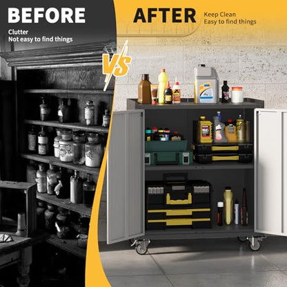 36" Garage Storage Cabinet with Wheels ＆ Locking Doors, Rolling Tool Cabinet with Adjustable Shelf,Rust-Resistant Steel Utility Cabinet for Home Office Workshop Organization