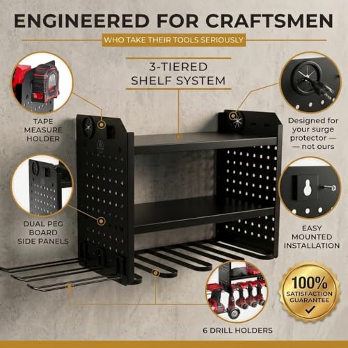 BUILTSTRONG Power Tool Organizer Wall Mount – 3-Tier Heavy-Duty Steel Rack, 6 Drill Slots, Dual Pegboard Sides, Side-by-Side Modular, 100 lb Capacity – Garage & Workshop (Black) - color: Black, size: 6 Drill Holder