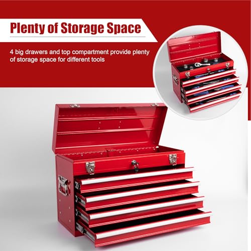Heavy Duty Metal Tool Box, 21-inch, Portable Metal Tool Box with 4 Drawers, Small Tool Chest with EVA Liners, Ball Bearing Slide Drawers Locking & Powder Coated Finish, Multi-Function Tool Organizer - color: Tool Box-red