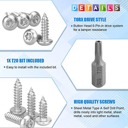 Glarks 51Pcs #8 x 3/4'' Button Head Torx Security Sheet Metal Screws Stainless Steel Tamper Resistant Screws Set with T20 Bit (50pcs #8 x 3/4'') - size: 50pcs #8 x 3/4''
