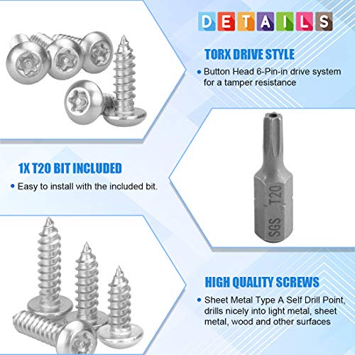 Glarks 51Pcs #8 x 1-1/4'' Button Head Torx Security Sheet Metal Screws Stainless Steel Tamper Resistant Screws Set with T20 Bit (50pcs #8 x 1-1/4'') - size: 50pcs #8 x 1-1/4''