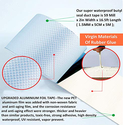 COSIMIXO Aluminum Foil Butyl Tape 4" x 16.5Ft (10cm x 5m) Extra Thickness Upgraded Strong Butyl Waterproof Tape, Repair for Boat,Pipe, HVAC Ducts, Roof Crack, RV, Awning, Window Sealing, Silver - size: 4" x 16.5Ft