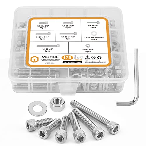 1/4-20 Hex Socket Head Cap Screw, VIGRUE 175PCS UNC Hexagon Bolts Washers Nuts Assortment Kit Machine Screws Set Stainless Steel 18-8 (304), Length from 5/8" to 2" - size: 175PCS 1/4-20 Socket Head