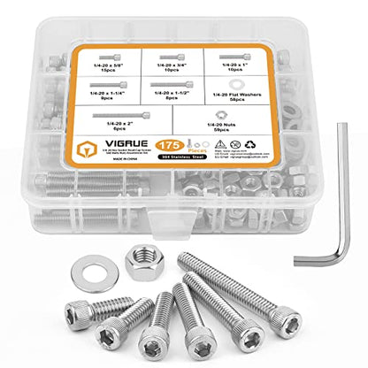 1/4-20 Hex Socket Head Cap Screw, VIGRUE 175PCS UNC Hexagon Bolts Washers Nuts Assortment Kit Machine Screws Set Stainless Steel 18-8 (304), Length from 5/8" to 2" - size: 175PCS 1/4-20 Socket Head