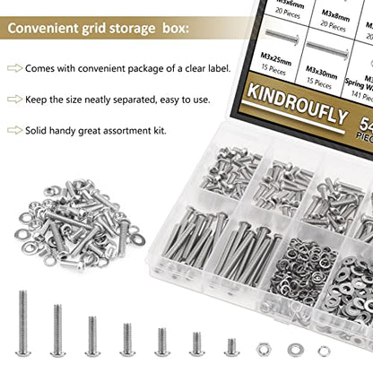 542 Pieces M3 x 6/8 /12/16 /20/25 /30mm Button Head Socket Cap Screws Nuts Washers Assortment Kit, 304 Stainless Steel, Fully Machine Thread - size: M3, style: Button Head