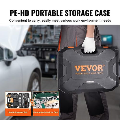 VEVOR Mechanics Tool Set and Socket Set, 1/4" and 3/8" Drive Deep and Standard Sockets, 145 Pcs SAE and Metric Mechanic Tool Kit with Bits, Combination Wrench, Hex Wrenches, Accessories, Storage Case - size: 145-PCS
