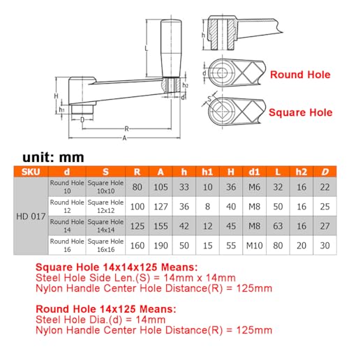 5" Nylon Crank Handle Drill Press Revolving Handle with Round or Square Installation Hole Smooth 360 Degree Operation for Industry Lathe Milling Grinding Machine (Square Hole 14x14x125) - size: Square Hole 14x14x125