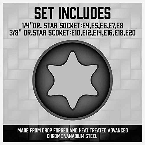 SEDY 11-Piece E-Torx Socket Set - Star Sockets Set with Socket Rail, External Torx Socket with Organizer, External Socket-Set, E4 E5 E6 E7 E8 E10 E12 E14 E16 E18 E20 Reverse Sockets Set - style: 11-Piece E-Torx - (E4-E20)
