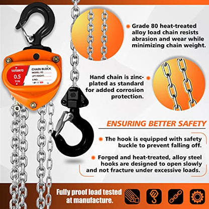 YATOINTO Chain Hoist 1/2 Ton (1100Lbs) Capacity 10FT, Manual Hand Lift Chain Block Hoist with 2 Heavy Duty Hooks, Industrial Grade Structures, Hand Chain Hoist for Garages Automotive Machinery - size: 1/2 Ton (1100LBS)
