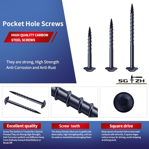 Pocket Hole Screws #8 x 1-1/4" (360Pcs) 2lb. Carbon Steel, Blue, Washer Head, Coarse Thread, Square Drive,150MM Drive Bit Included - color: Blue, size: #8 x 1-1/4"