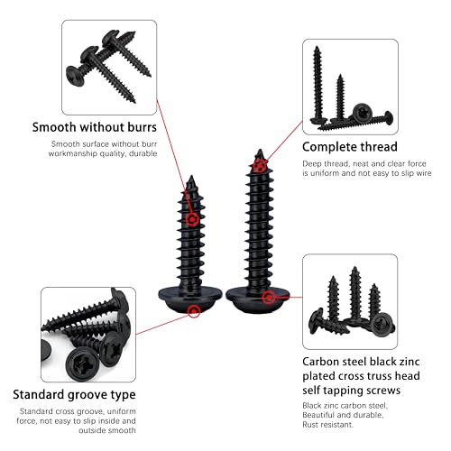 Black Wood Screws 1-1/2 Inch, 35Pcs Self Tapping Wood Screw #10 x 1-1/2", Zinc Plated Steel, Modified Truss Head, Phillips Drive, Carbon Steel, for Drywall/Metal/Plastic/Furniture, Black - size: #10 x 1-1/2"
