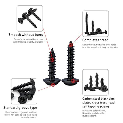 Black Wood Screws 1-1/2 Inch, 35Pcs Self Tapping Wood Screw #10 x 1-1/2", Zinc Plated Steel, Modified Truss Head, Phillips Drive, Carbon Steel, for Drywall/Metal/Plastic/Furniture, Black - size: #10 x 1-1/2"