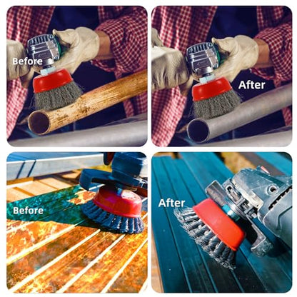 Wire Cup Brush Set Packaged with 4 Different Wire Wheel Brushes for Angle Grinder 4 1/2 Angle Grinder and 5/8”-11 Thread Arbor(4 Packs ) - style: 4 Different Wire Brush Set