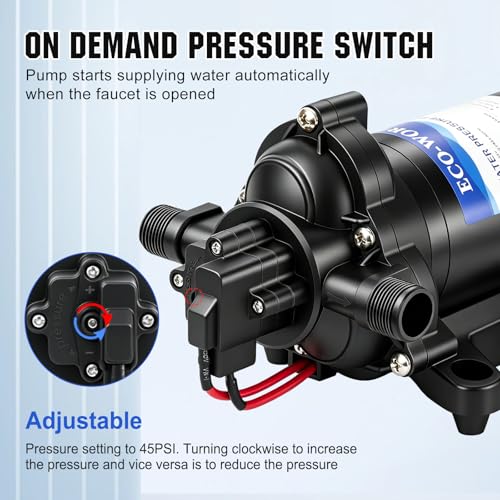 ECO-WORTHY RV Fresh Water Pump 12V DC 3.5GPM 45PSI with Pressure Switch, 12Volt Self Priming Water Pressure Diaphragm Pump On demand for RV Yacht Camper Sprayer Food Truck Black - color: Black 4
