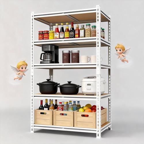 White 72"h *40.12"w*18"d Storage Shelves Shelving: Adjustable Metal+Wood 5-Heavy-Duty-Shelf (Unit)-Rack Industrial Utility Household Organizer/Systerm for Kitchen Pantry/Bedroom/Garage/Closet - size: 5T-72"H×40.12"W×18.9"D