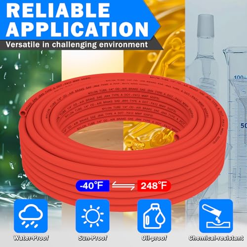 CheeMuii 50FT 1/4" DOT Air Line 1/4 Air Hose PA12 Nylon Pneumatic Tubing - color: Red, size: 1/4"OD-50FT