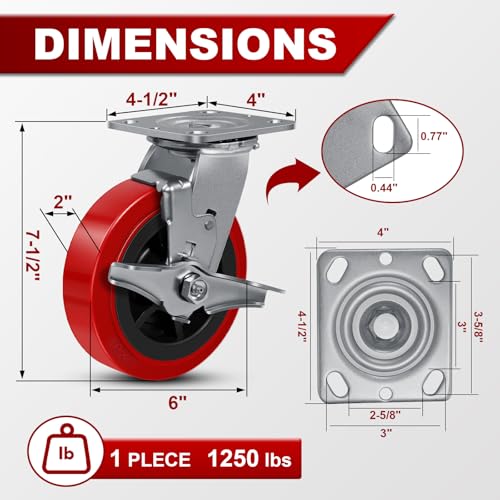 6"x 2" Heavy Duty Industrial Casters, Polyurethane on Polyolefin Core Wheel- Capacity up to 5000 Lbs (Set of 4), Use for Platform Truck, Industrial Equipment (2 Brake & 2 Rigid) - style: Size: 6 "