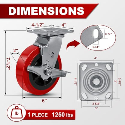 6"x 2" Heavy Duty Industrial Casters, Polyurethane on Polyolefin Core Wheel- Capacity up to 5000 Lbs (Set of 4), Use for Platform Truck, Industrial Equipment (2 Brake & 2 Rigid) - style: Size: 6 "